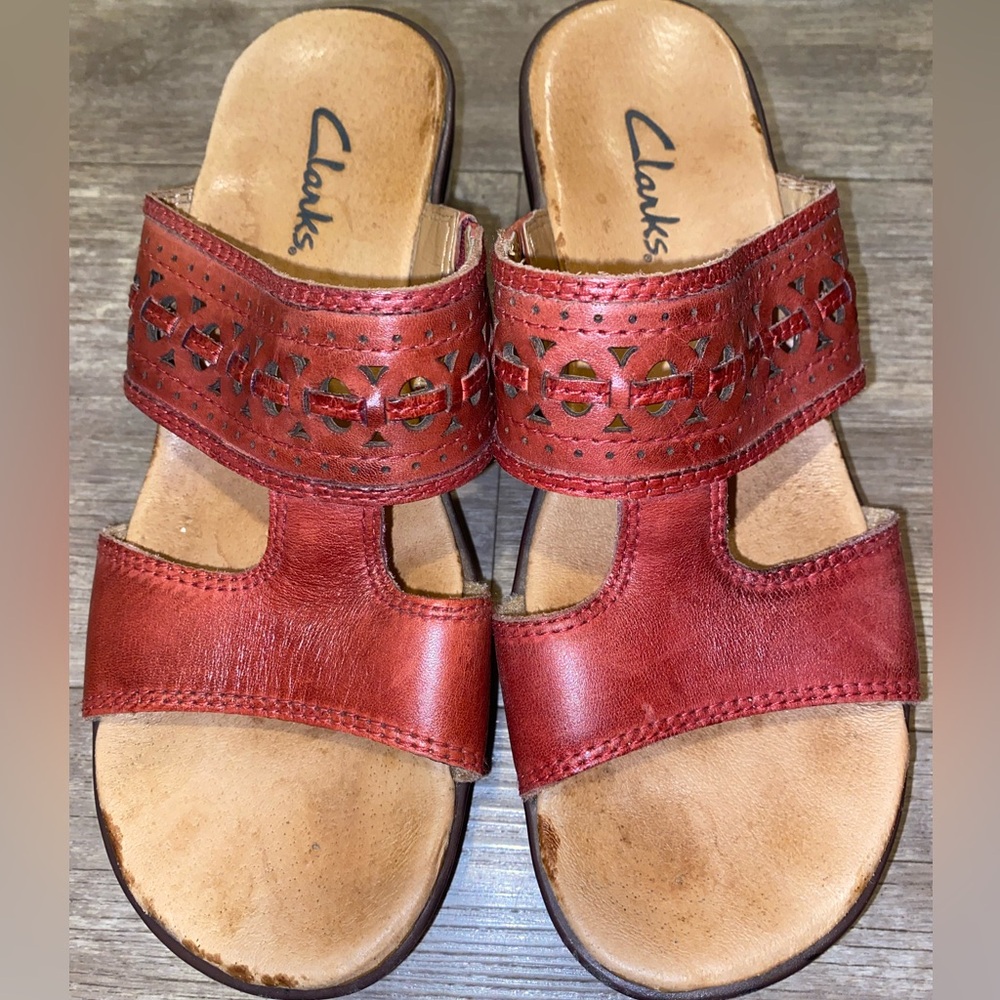 Clarks red leather cut out sandals
